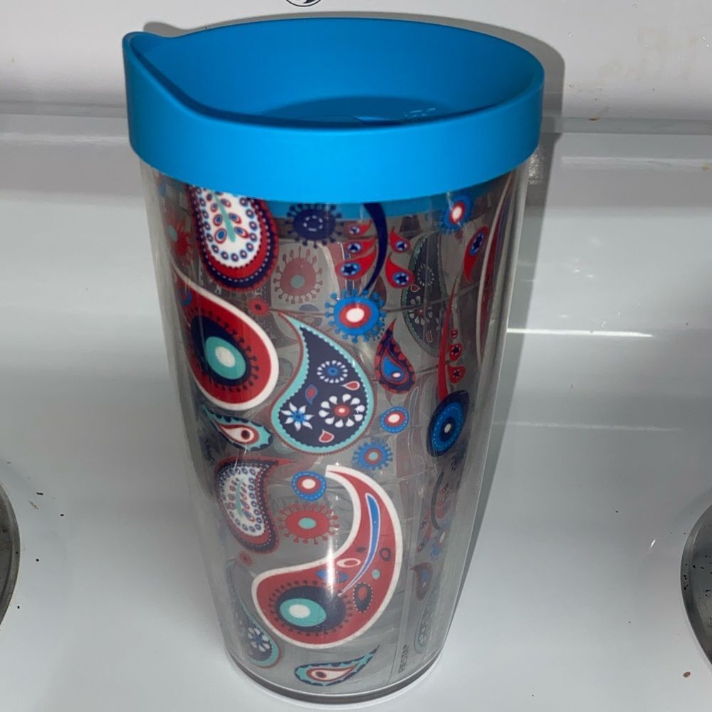10/$50 Patterned Travel Tumbler with Blue Lid 16 oz,